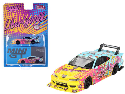 Nissan "LB-Super Silhouette" S15 SILVIA RHD (Right Hand Drive) Yellow and Blue with Pink Graphics "LBWK KUMA" Limited Edition 1/64 Diecast Model Car by Mini GT  free shipping USA