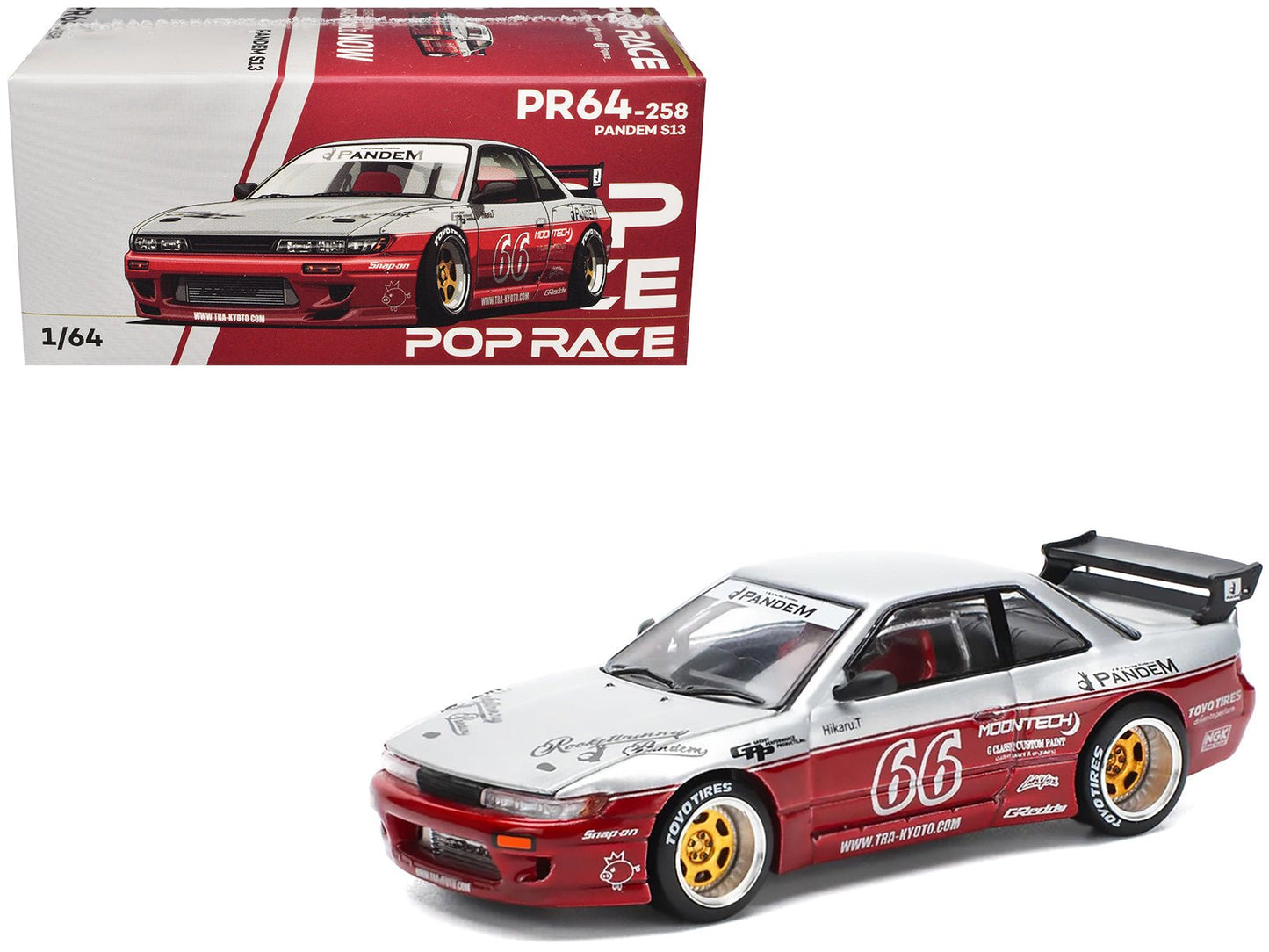 Nissan Pandem S13 RHD (Right Hand Drive) #66 "Moontech" Silver and Red Metallic 1/64 Diecast Model Car by Pop Race  free shipping USA