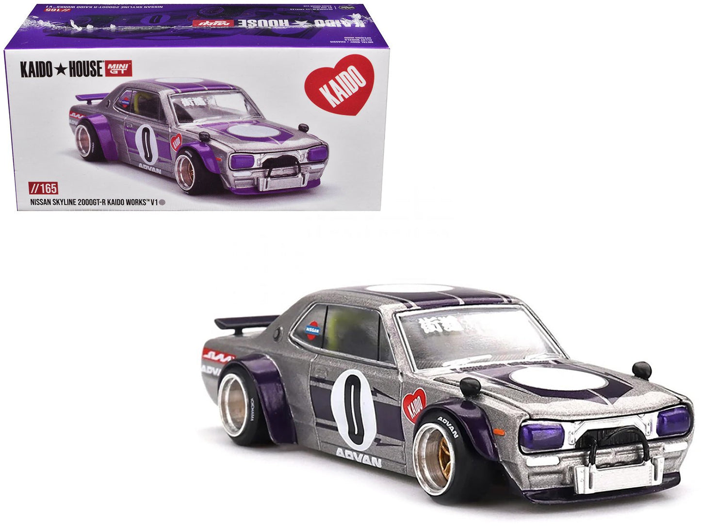Nissan Skyline 2000GT-R (KPGC10) "Kaido Works V1" RHD (Right Hand Drive) #0 Silver Metallic with Purple Stripes (Designed by Jun Imai) "Kaido House" Special 1/64 Diecast Model Car by Mini GT  free shipping USA