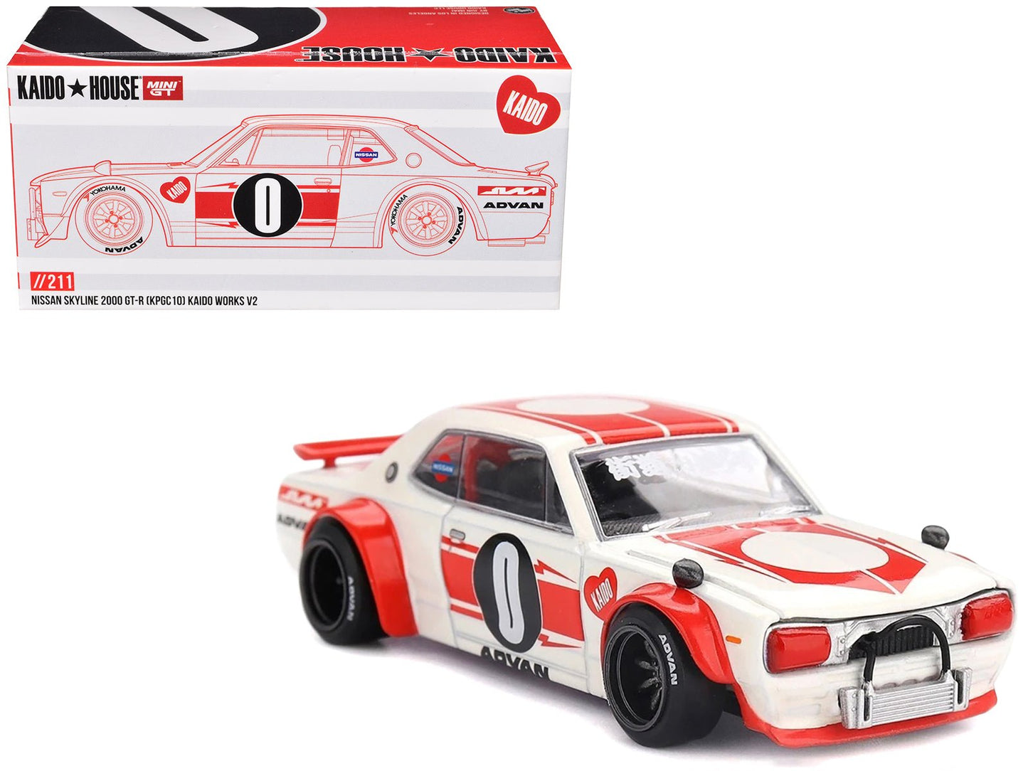 Nissan Skyline 2000GT-R (KPGC10) "Kaido Works V2" RHD (Right Hand Drive) White with Red Stripes (Designed by Jun Imai) "Kaido House" Special 1/64 Diecast Model Car by Mini GT  free shipping USA