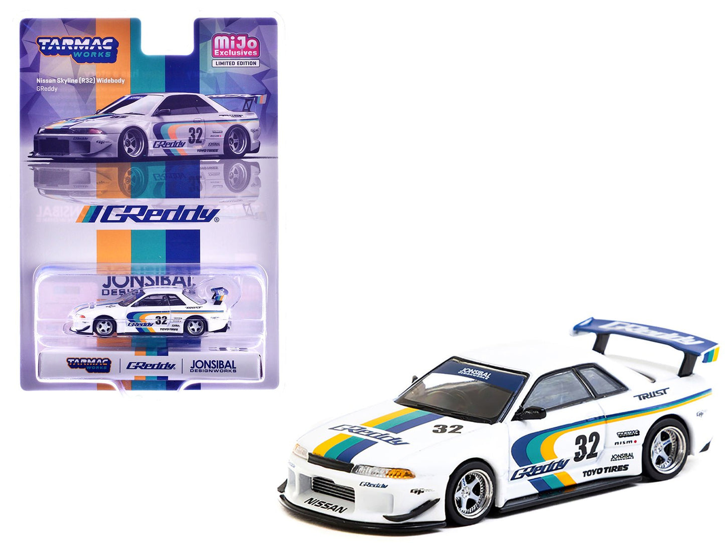 Nissan Skyline GT-R (R32) Widebody RHD (Right Hand Drive) #32 "Greddy - Jonsibal Designworks" White with Stripes "Global64" Series 1/64 Diecast Model by Tarmac Works  free shipping USA