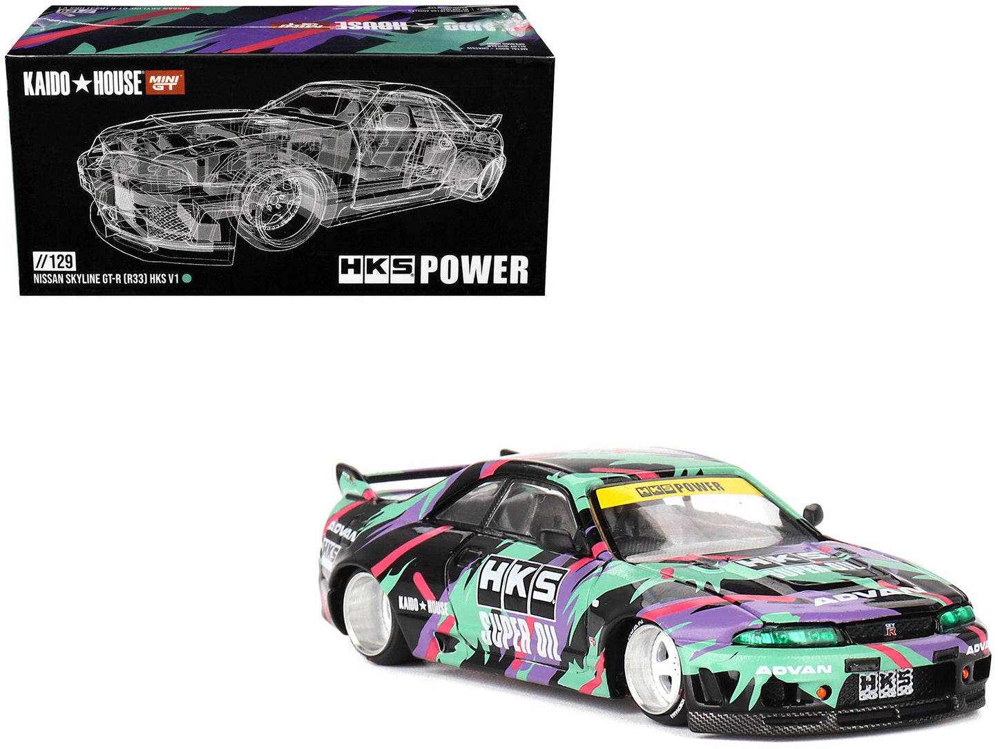 Nissan Skyline GT-R (R33) "HKS V1" RHD (Right Hand Drive) Black with Graphics (Designed by Jun Imai) "Kaido House" Special 1/64 Diecast Model Car by Mini GT  free shipping USA