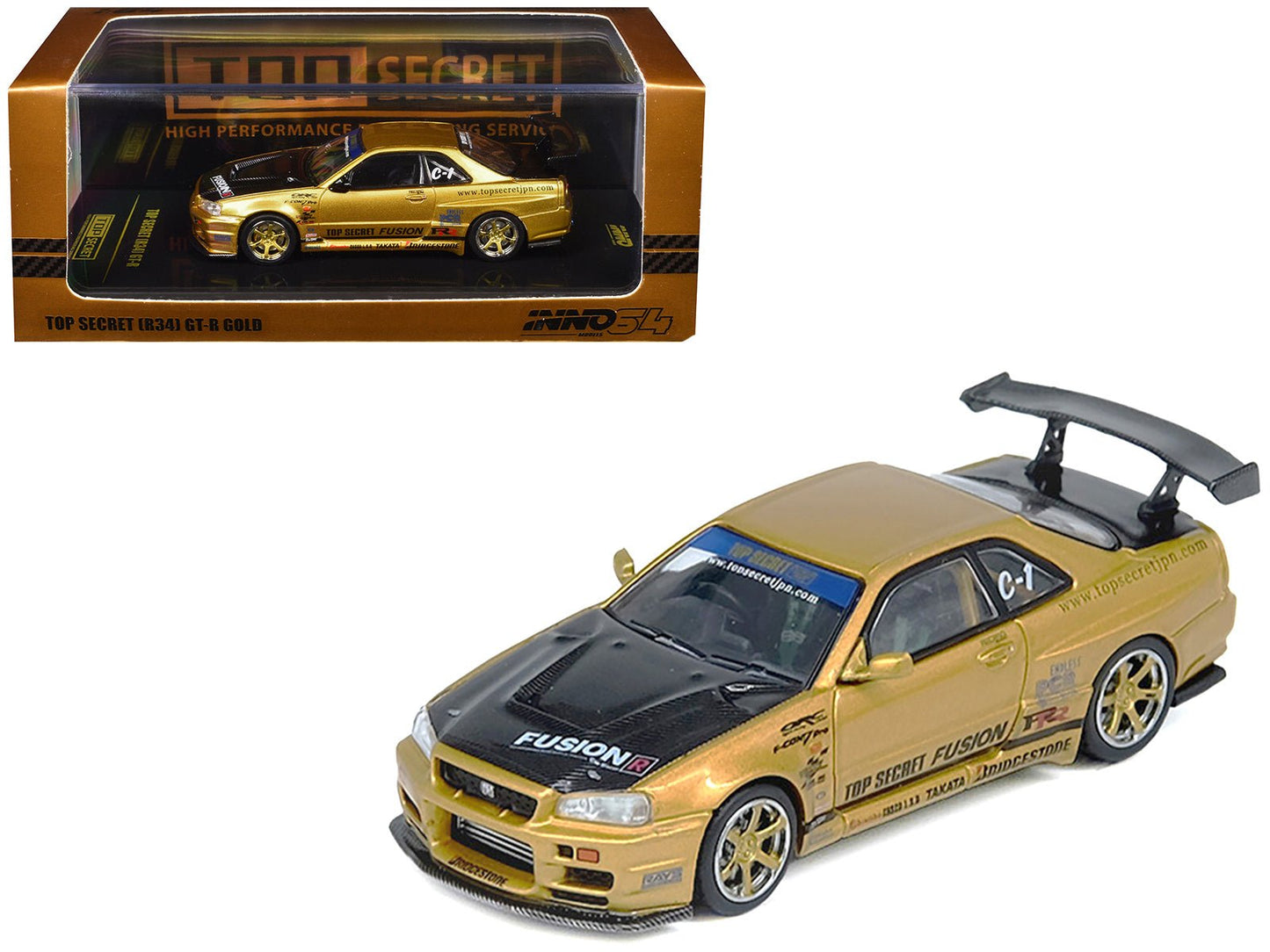 Nissan Skyline GT-R (R34) RHD (Right Hand Drive) "Top Secret" Gold Metallic with Carbon Hood and Trunk 1/64 Diecast Model Car by Inno Models  free shipping USA