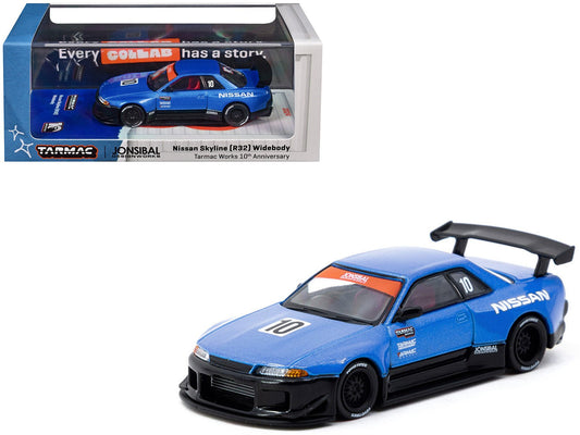 Nissan Skyline (R32) Widebody RHD (Right Hand Drive) #10 "Tarmac Works 10th Anniversary" Blue Metallic "Global64" 1/64 Diecast Model Car by Tarmac Works  free shipping USA