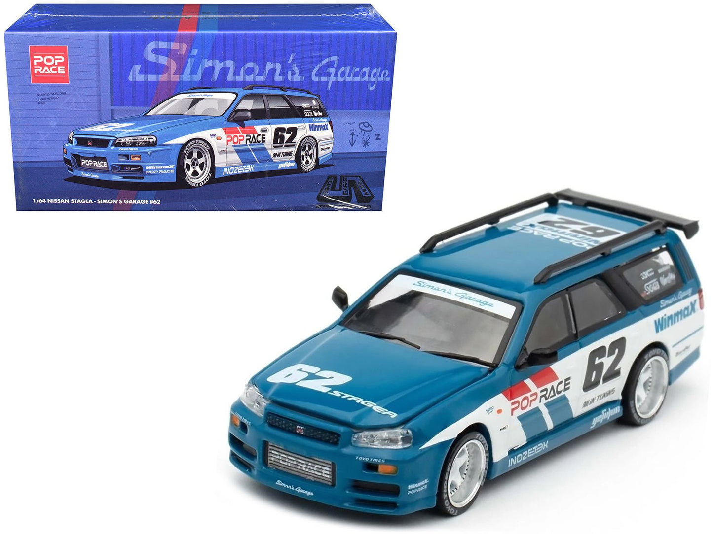 Nissan Stagea RHD (Right Hand Drive) #62 "Simon's Garage" Blue with White Sides 1/64 Diecast Model Car by Pop Race  free shipping USA
