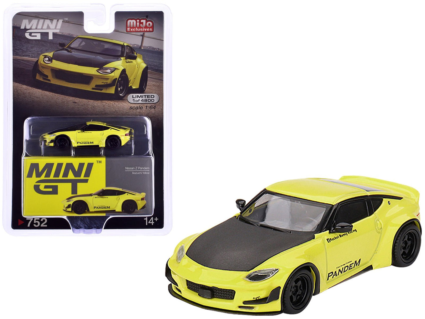 Nissan Z "Pandem" Ikazuchi Yellow with Carbon Hood Limited Edition to 4800 pieces Worldwide 1/64 Diecast Model Car by Mini GT  free shipping USA