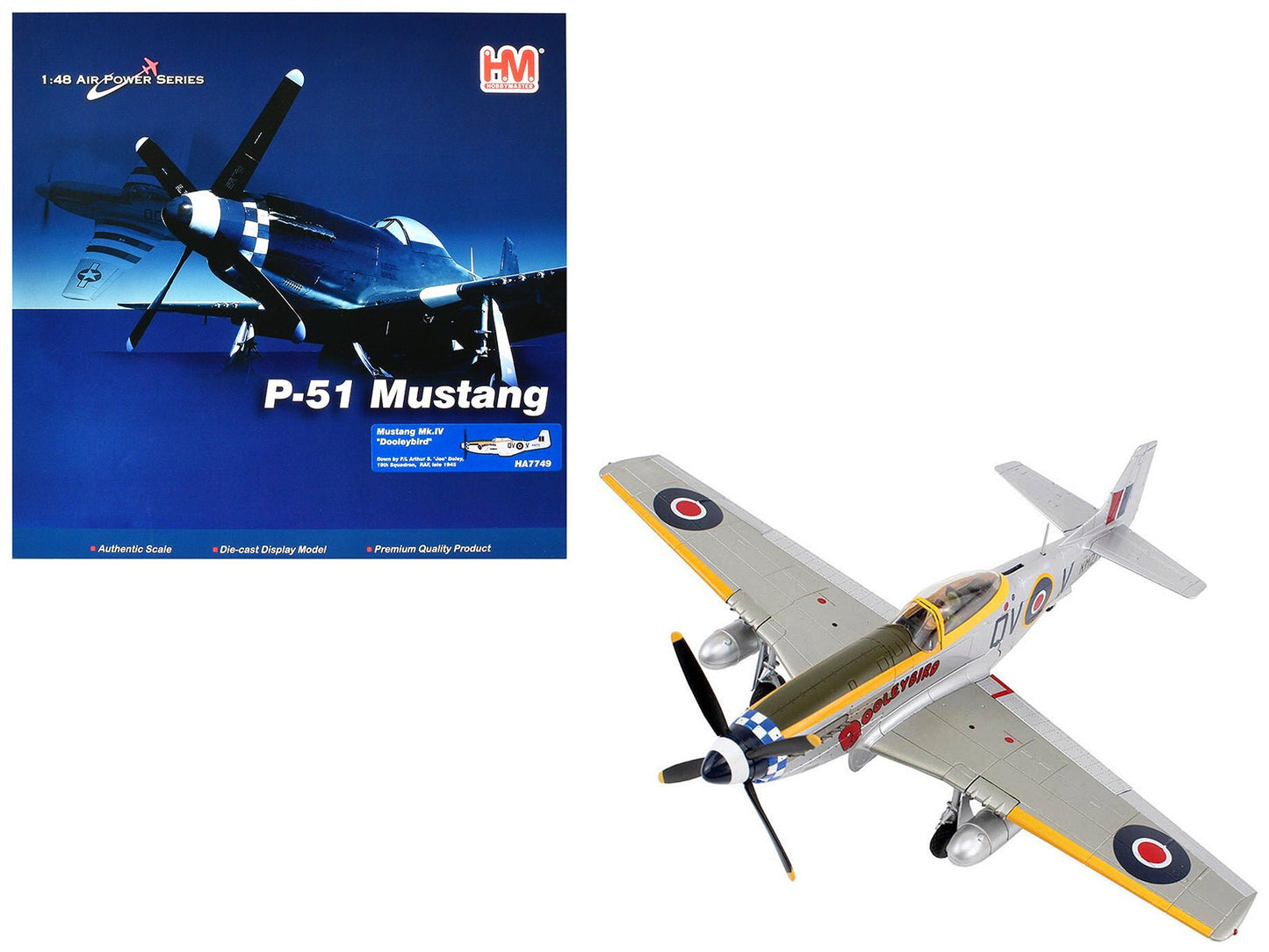 North American Mustang Mk.IV Fighter Aircraft "Flight Lieutenant Arthur S. 'Joe' Doley 19th Squadron" (1945) British Royal Air Force "Air Power Series" 1/48 Diecast Model by Hobby Master  free shipping USA