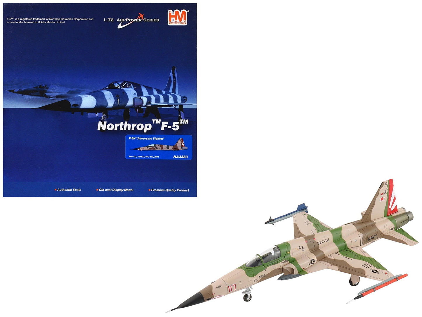 Northrop F-5N Tiger II Aircraft "Red 117 761533 Adversary Fighter VFC-111 Sundowners" United States Navy "Air Power Series" 1/72 Diecast Model by Hobby Master  free shipping USA
