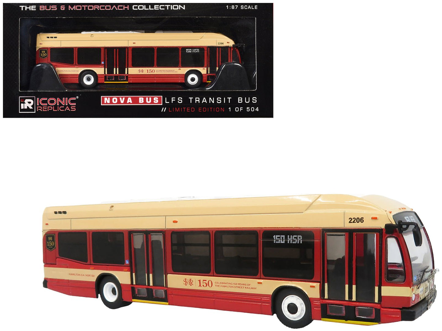 Nova Bus LFS HEV Transit Bus "Hamilton Street Railway 150th Anniversary" Cream and Red "The Bus & Motorcoach Collection" Limited Edition to 504 pieces Worldwide 1/87 (HO) Diecast Model by Iconic Replicas  free shipping USA