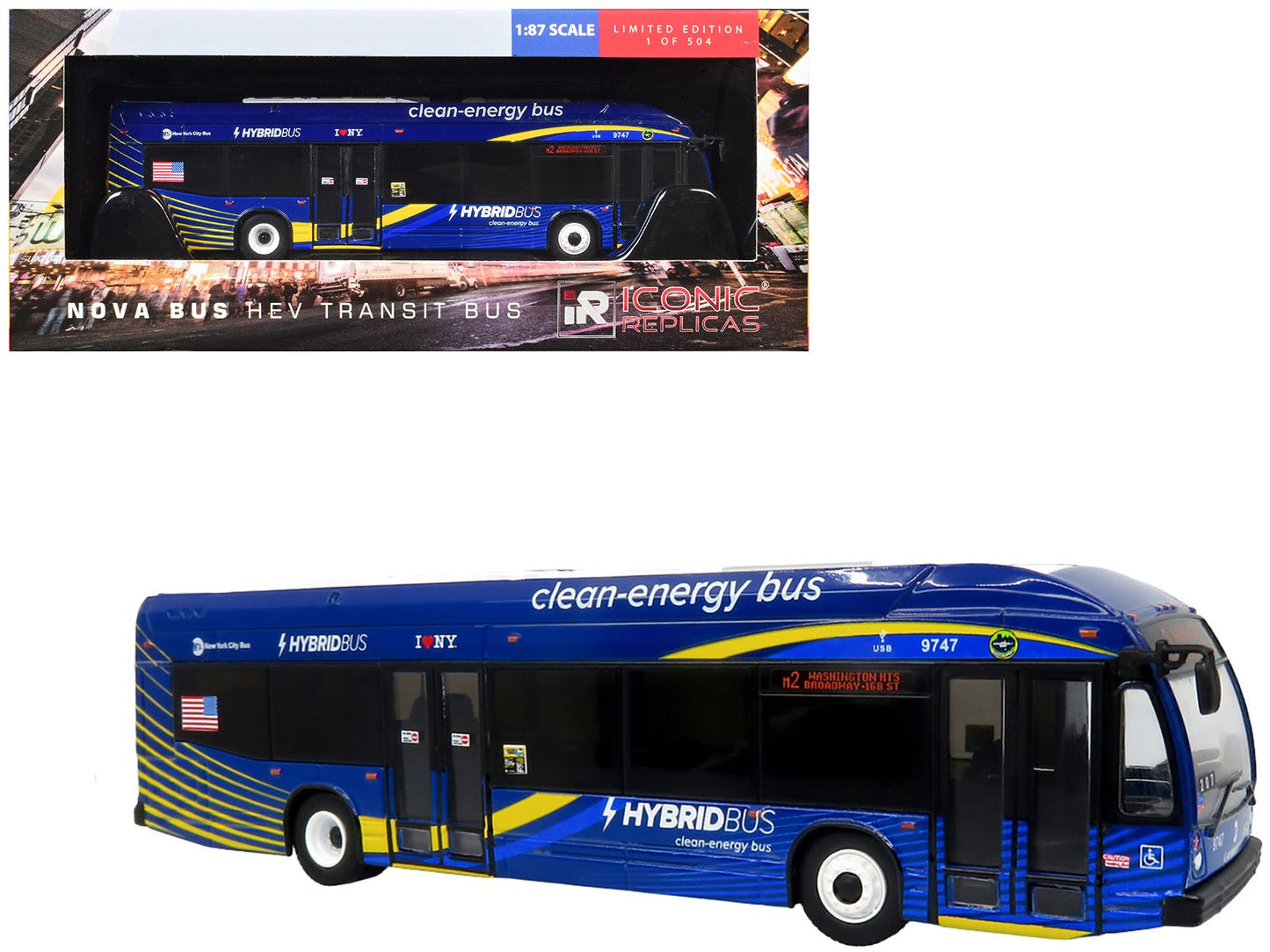 Nova Bus LFSH HEV Hybrid Transit Bus "MTA New York City" Blue with Yellow Graphics Limited Edition to 504 pieces Worldwide 1/87 (HO) Diecast Model by Iconic Replicas  free shipping USA