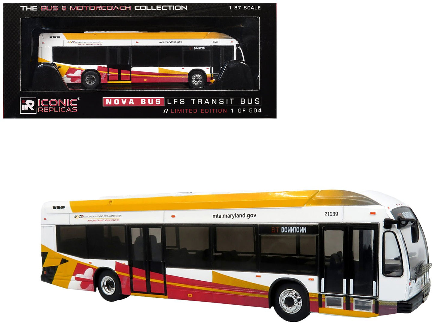Nova Bus LFSH Hybrid Transit Bus "MTA Maryland" White with Red and Yellow Graphics "The Bus & Motorcoach Collection" Limited Edition to 504 pieces Worldwide 1/87 (HO) Diecast Model by Iconic Replicas  free shipping USA