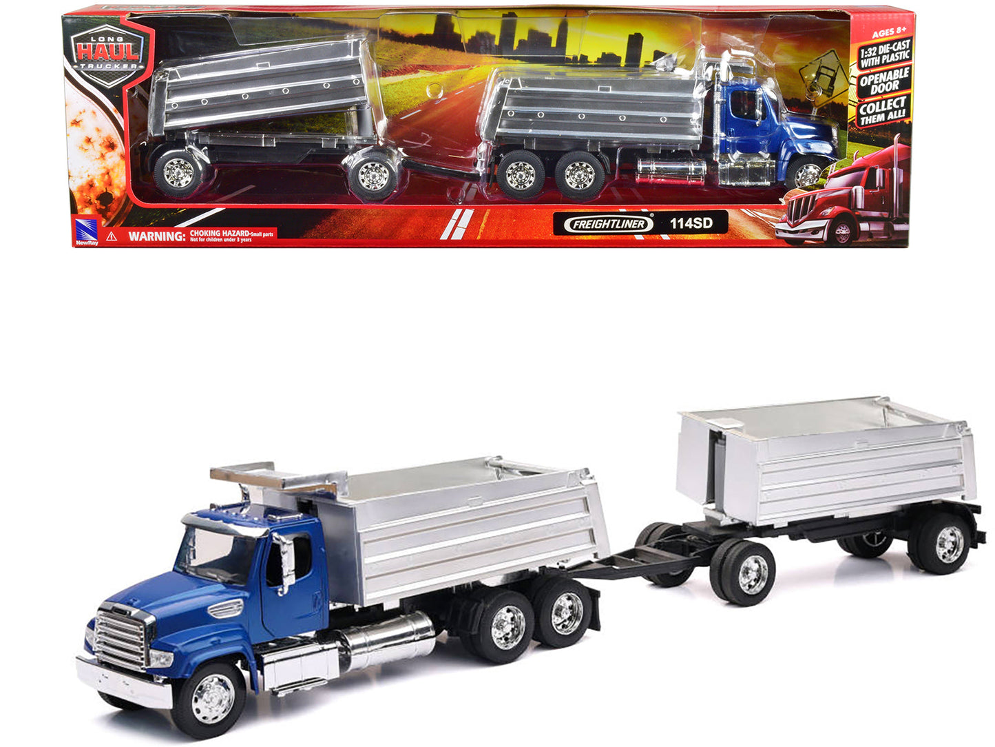 Freightliner 114SD Dump Truck with Twin Dump Body Blue "Long Haul Trucker" Series 1/32 Diecast Model by New Ray  free shipping USA