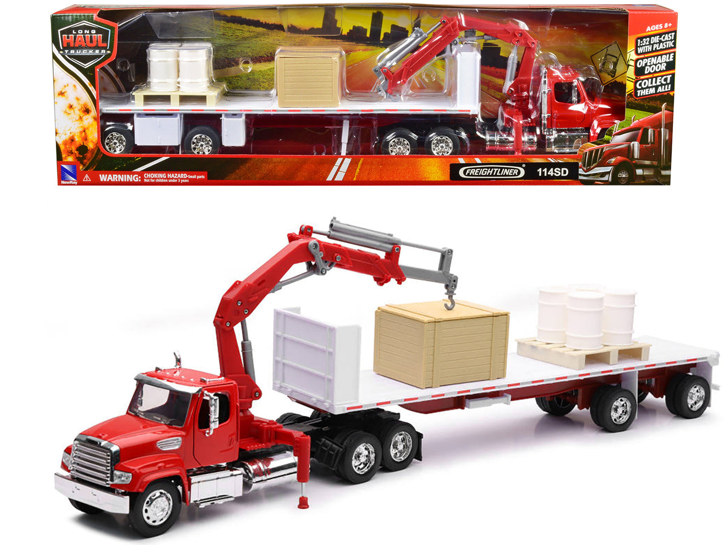 Freightliner 114SD Flatbed Truck with Crane Red with Accessories "Long Haul Trucker" Series 1/32 Diecast Model by New Ray  free shipping USA
