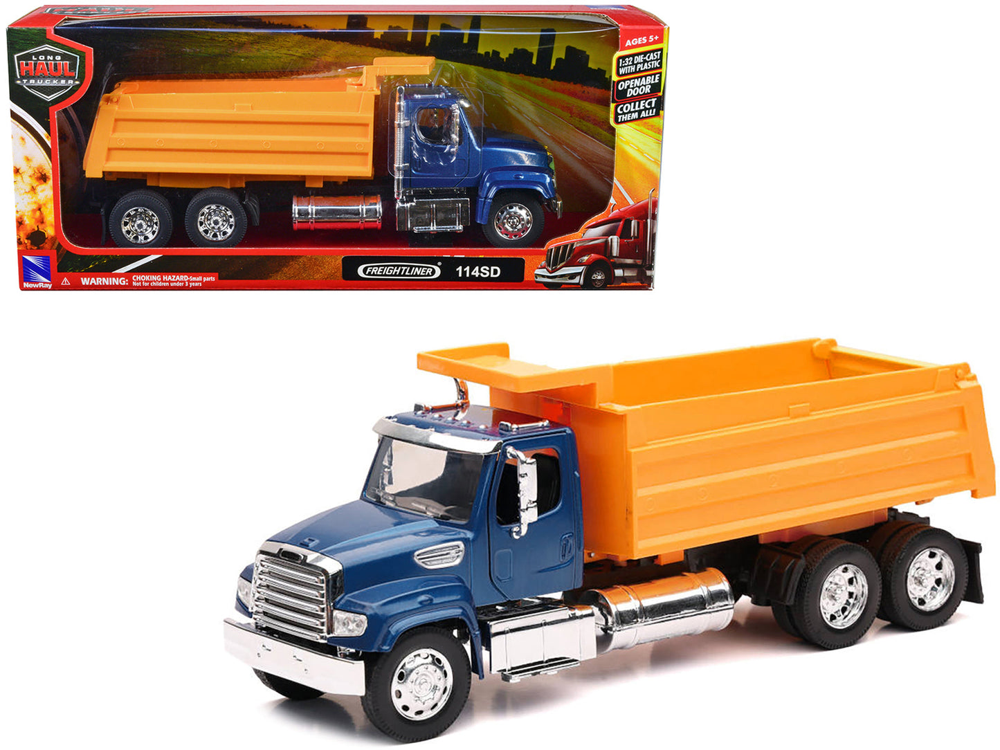 Freightliner 114SD Dump Truck Blue and Yellow "Long Haul Trucker" Series 1/32 Diecast Model by New Ray  free shipping USA