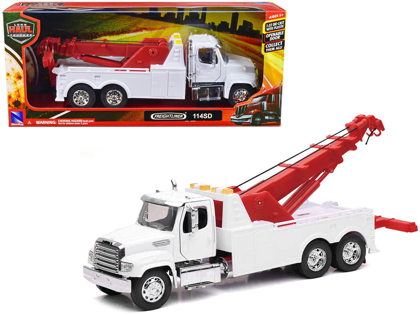 Freightliner 114SD Tow Truck White and Red "Long Haul Trucker" Series 1/32 Diecast Model by New Ray  free shipping USA