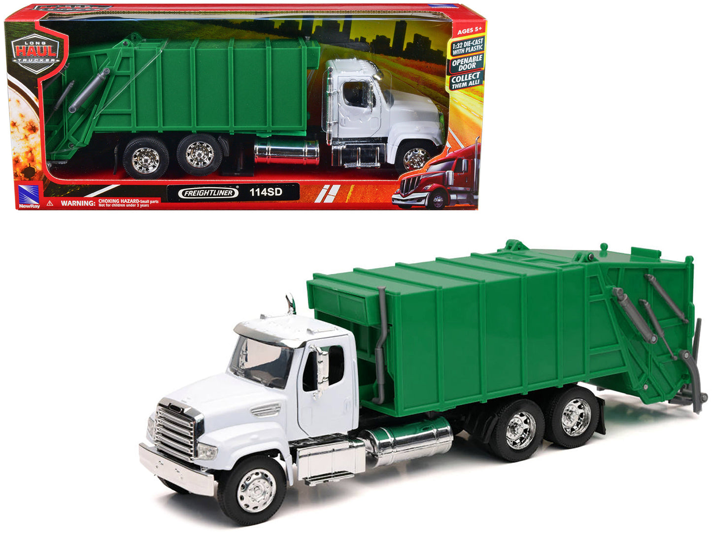 Freightliner 114SD Garbage Truck White and Green "Long Haul Trucker" Series 1/32 Diecast Model by New Ray  free shipping USA