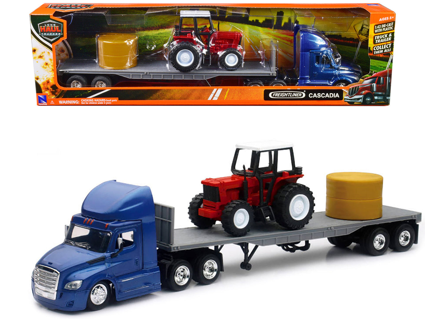 Freightliner Cascadia with Flatbed Trailer Blue with Farm Tractor Red and Hay Bales "Long Haul Trucker" Series 1/43 Diecast Model by New Ray  free shipping USA