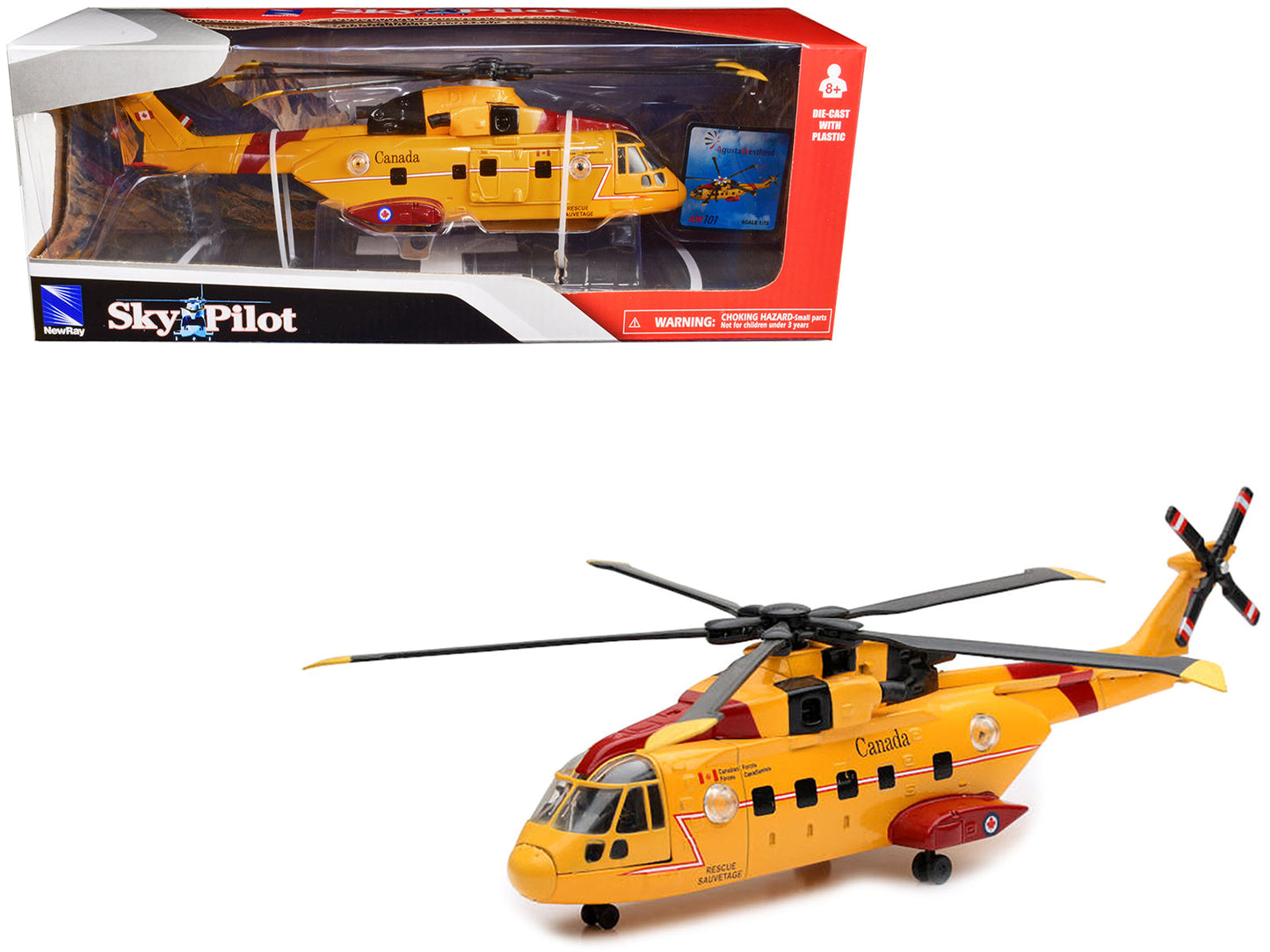 AgustaWestland AW101 (EH101) Helicopter Yellow "Canada Forces Search & Rescue" "Sky Pilot" Series 1/72 Diecast Model by New Ray  free shipping USA