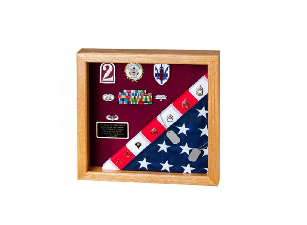 Flag Display Case showcases both the flag and military awards,(Red Felt)