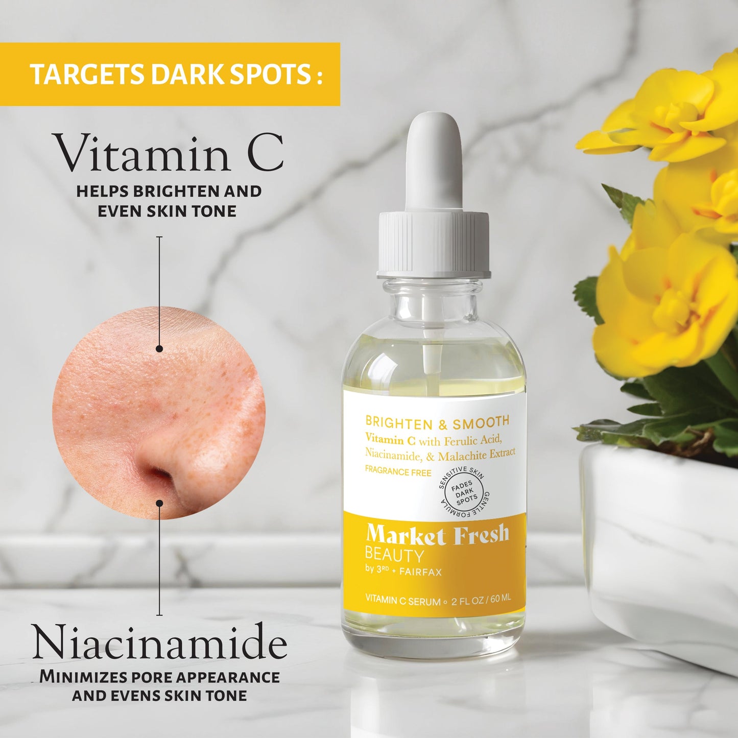 Market Fresh Beauty Vitamin C Serum with Ferulic Acid, Niacinamide, & Malachite Extract | Brighten & Smooth | Fragrance-Free | 2 fl oz by  Los Angeles Brands