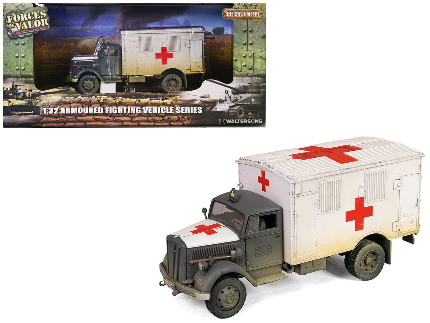 Opel-Blitz Kfz.305 Ambulance Gray and White (Weathered) "German Army" "Armoured Fighting Vehicle" Series 1/32 Diecast Model by Forces of Valor  free shipping USA