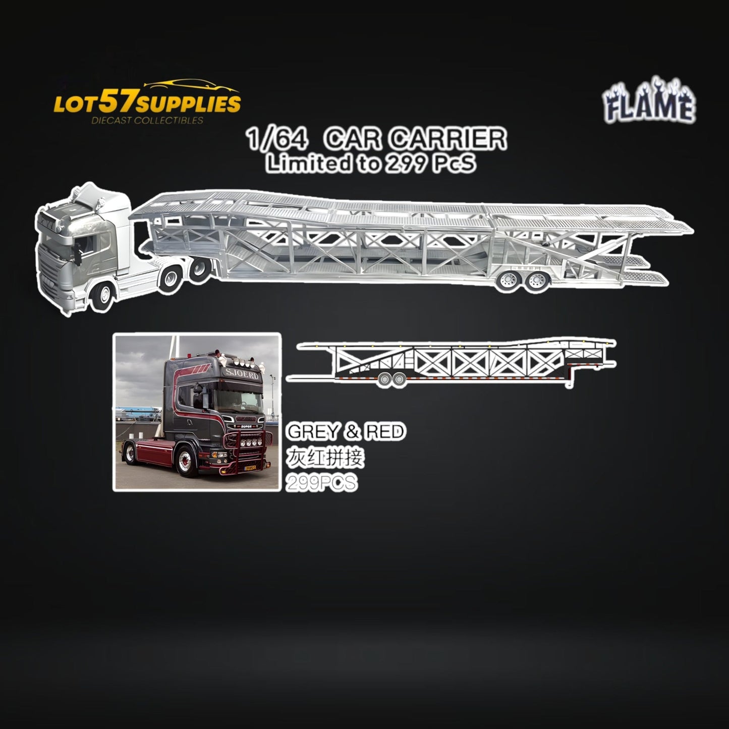 (Pre-Order) Flame Scania Car Carrier Transport Truck Grey Red 1:64 - Limited to 299 Pcs