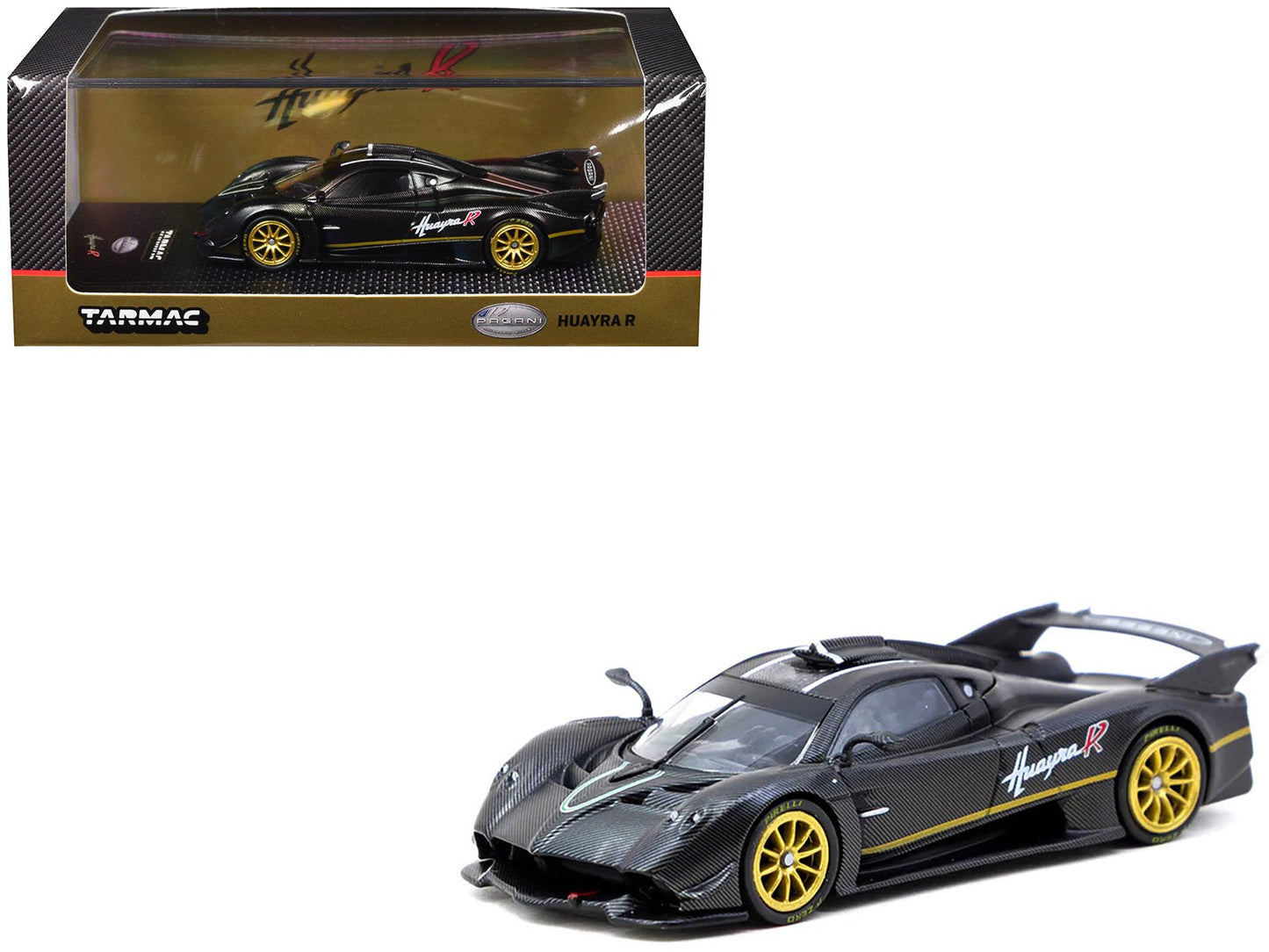 Pagani Huayra R Matt Black Carbon Fiber with Gold Wheels Limited Edition to 3552 pieces Worldwide "Global64" Series 1/64 Diecast Model by Tarmac Works  free shipping USA