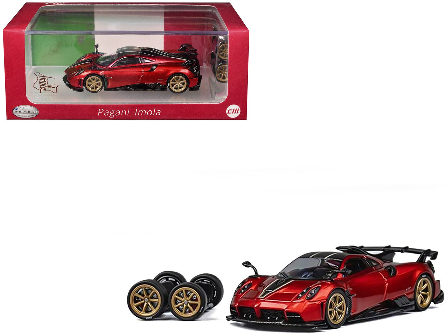 Pagani Imola Red Metallic with Carbon Top and Stripes with Extra Wheels 1/64 Diecast Model Car by CM Model  free shipping USA