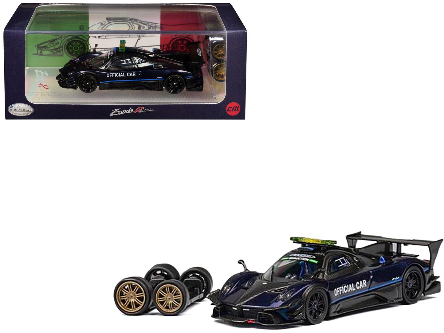 Pagani Zonda Revolucion "Official Car" Dark Blue and Carbon with Extra Wheels 1/64 Diecast Model Car by CM Model  free shipping USA