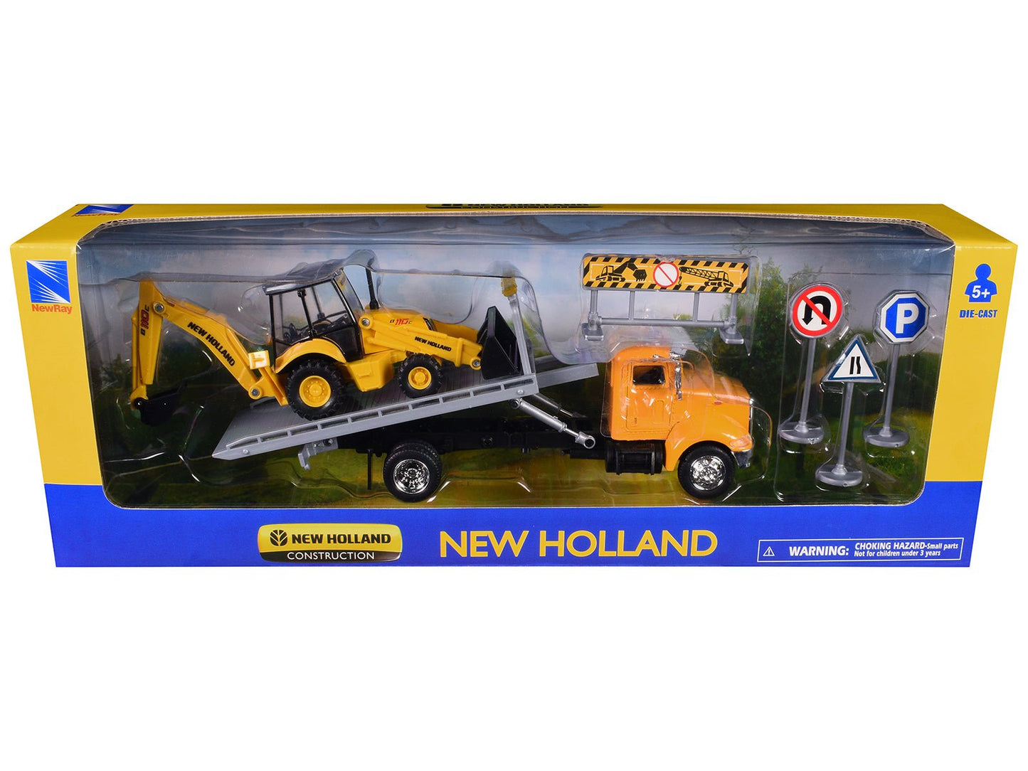 Peterbilt 335 Roll-Off Flatbed Truck and New Holland B110C Backhoe Loader with Street Signs "New Holland Construction" Diecast Models by New Ray  free shipping USA