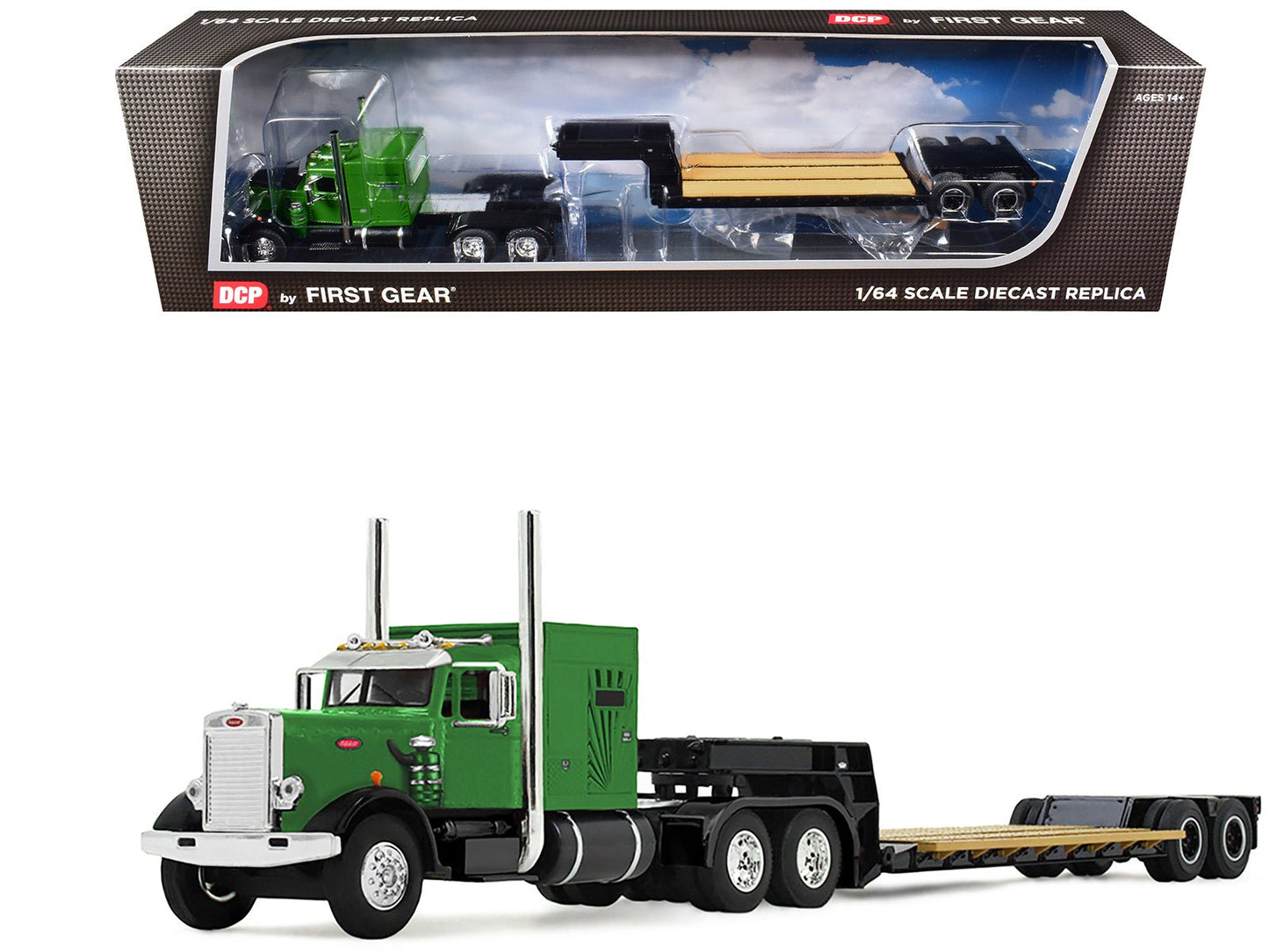 Peterbilt 351 with 60" Vintage Sleeper and Rogers Vintage Lowboy Trailer Green with Black Trailer 1/64 Diecast Model by DCP/First Gear  free shipping USA