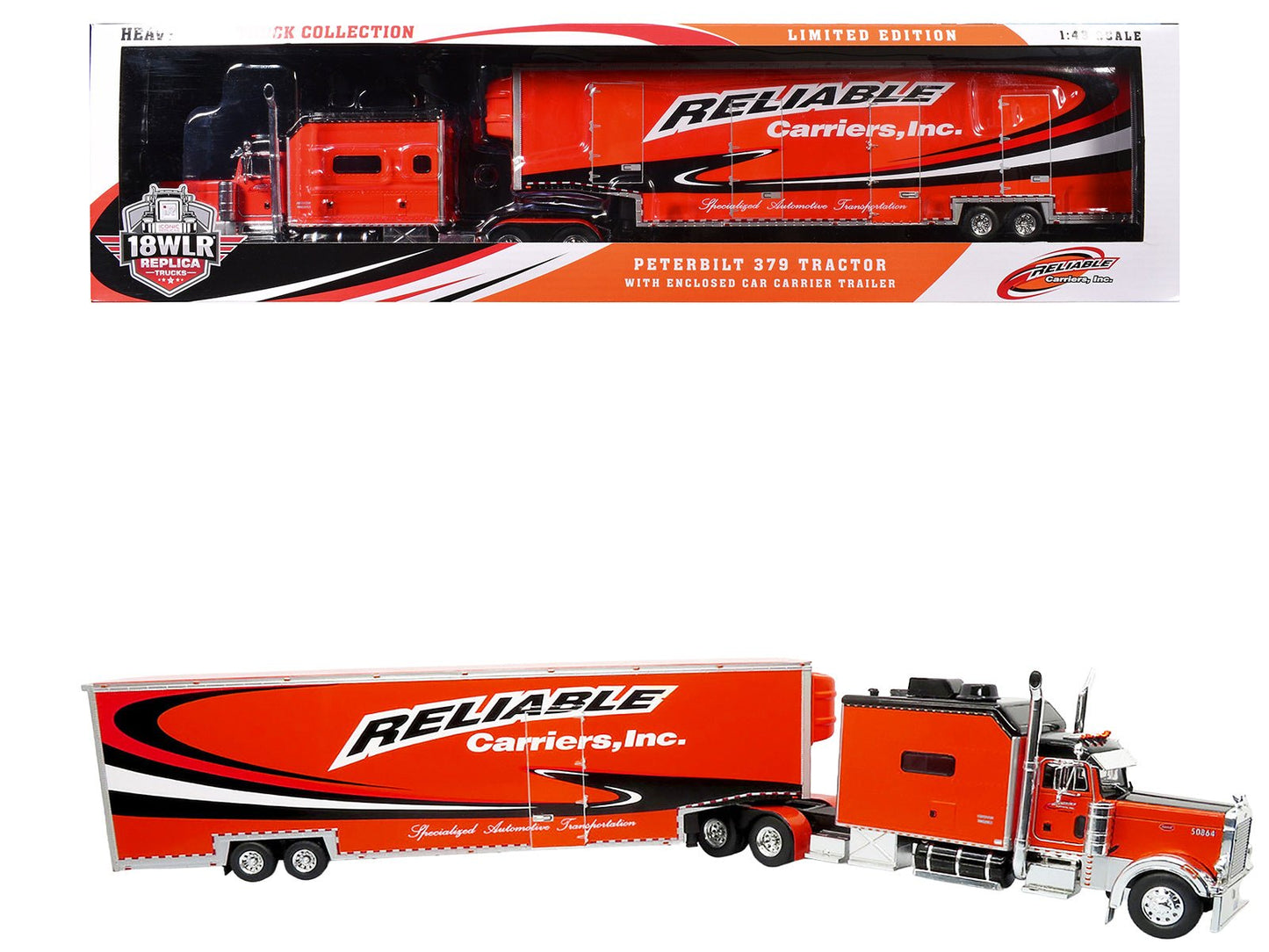 Peterbilt 379 Tractor with Enclosed Car Carrier Trailer "Reliable Carriers" Orange and Black "Heavy Haul Truck Collection" 1/43 Diecast Model by Iconic Replicas  free shipping USA