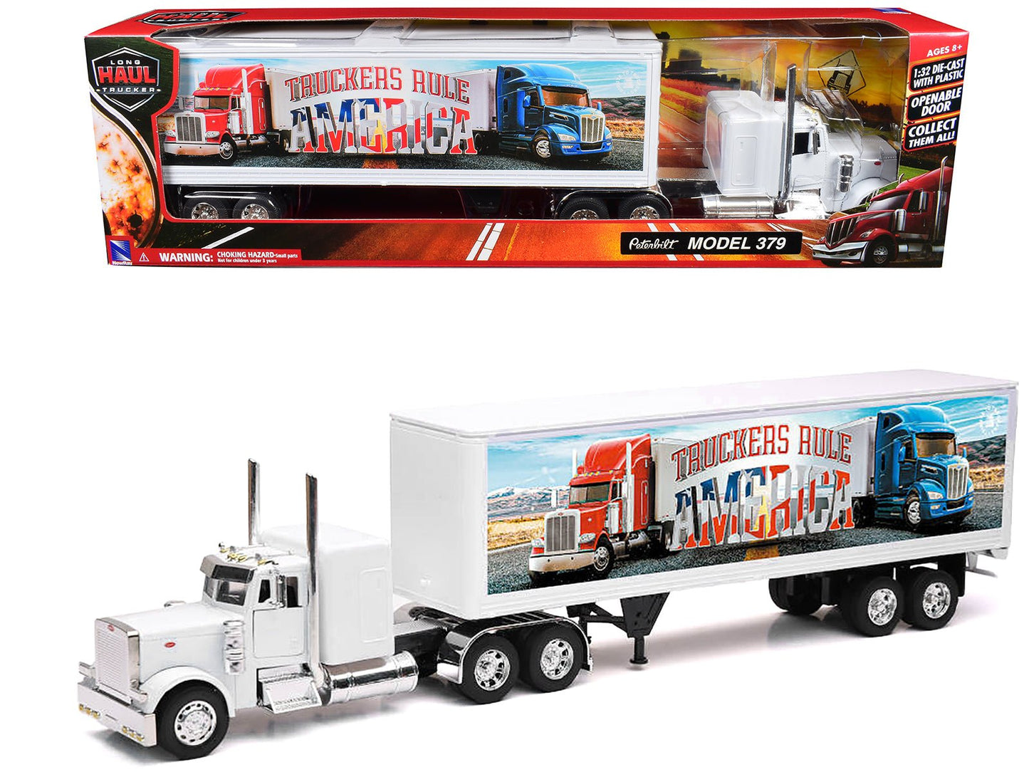 Peterbilt 379 Truck White with Dry Van Trailer "Truckers Rule America" "Long Haul Truckers" Series 1/32 Diecast Model by New Ray  free shipping USA