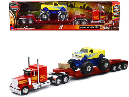 Peterbilt 379 Truck with Lowboy Trailer Red with Orange Flames and Monster Truck Yellow with Blue Flames "Long Haul Truckers" Series 1/32 Diecast Model by New Ray  free shipping USA