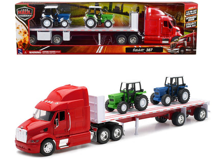 Peterbilt 387 Flatbed Truck Red with 2 Farm Tractors Blue and Green "Long Haul Trucker" Series 1/32 Diecast Model by New Ray  free shipping USA
