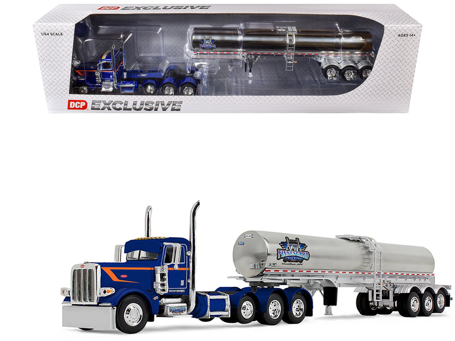 Peterbilt 389 Tri-Axle Day Cab and Walker Food Grade Tank Trailer "Finnesgard Trucking" Blue with Orange Stripes 1/64 Diecast Model by DCP/First Gear  free shipping USA