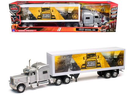 Peterbilt 389 Truck Silver Metallic with Dry Van Trailer "Trucker Keep The World Running" "Long Haul Truckers" Series 1/32 Diecast Model by New Ray  free shipping USA