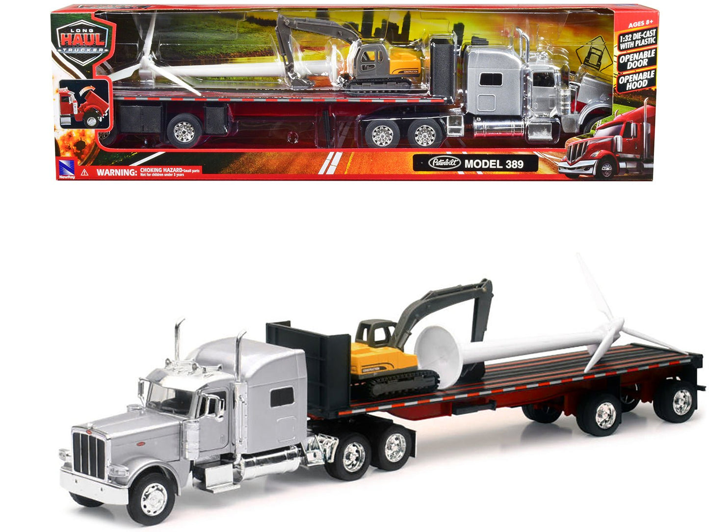Peterbilt 389 Truck with Flatbed Trailer Silver Metallic with Excavator and Wind Turbine "Long Haul Truckers" Series 1/32 Diecast Model by New Ray  free shipping USA