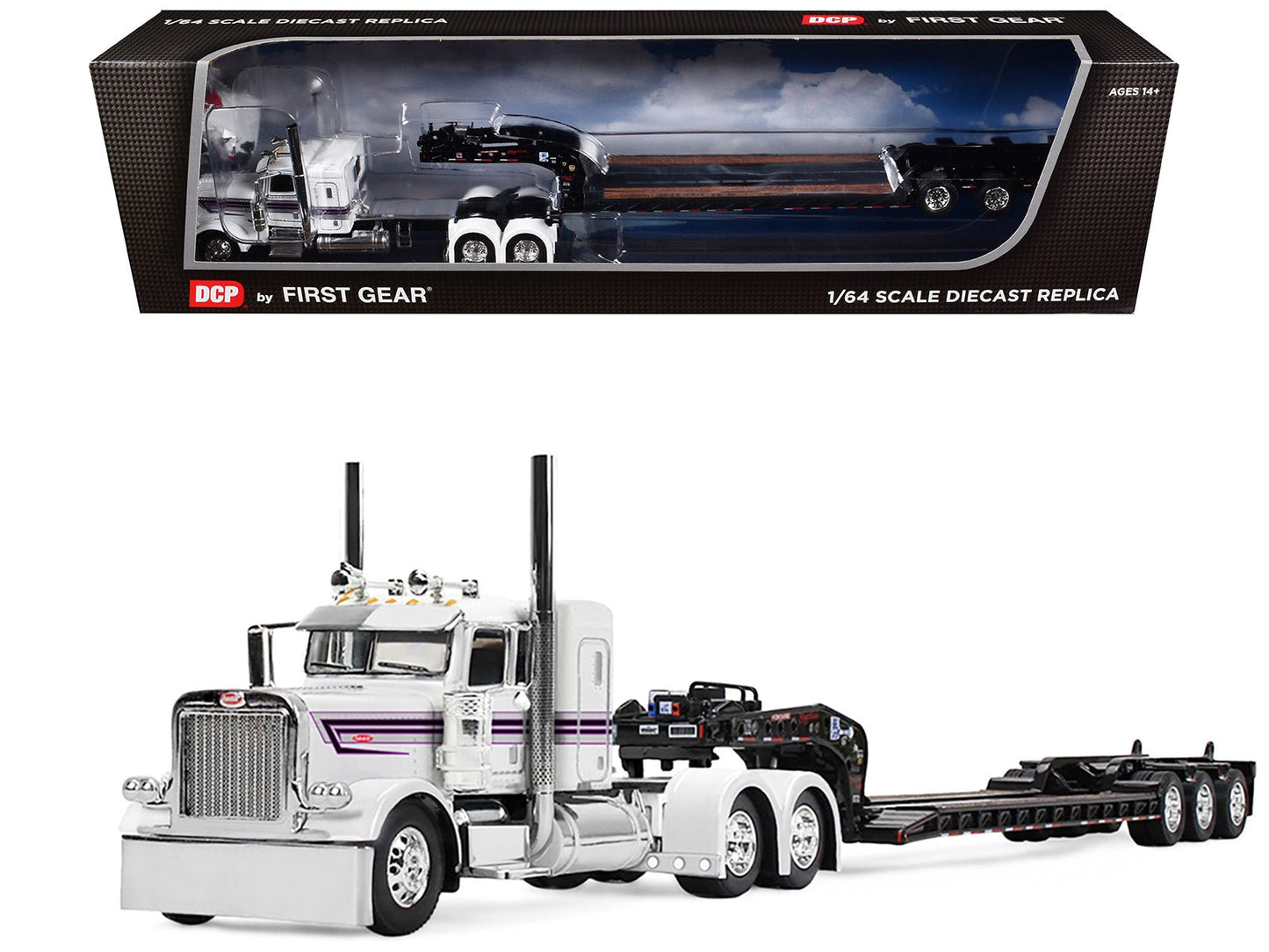 Peterbilt 389 with 36" Flat Top Sleeper and Fontaine Magnitude Lowboy Trailer White with Black Stripes 1/64 Diecast Model by DCP/First Gear  free shipping USA