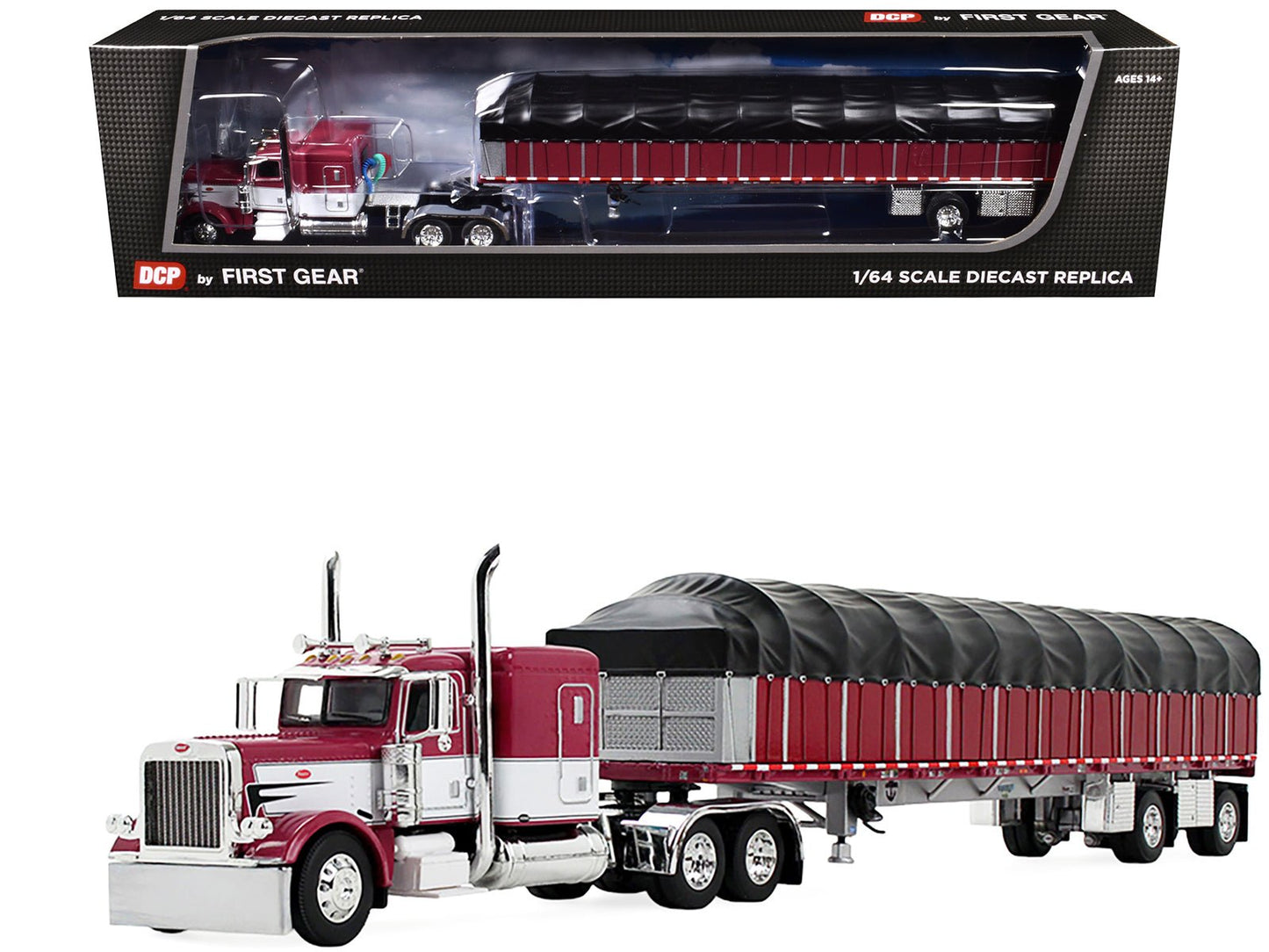 Peterbilt 389 with 63" Flat Top Sleeper and 53’ Wilson Roadbrute Flatbed Trailer with Covered Wagon Maroon with White Stripes 1/64 Diecast Model by DCP/First Gear  free shipping USA