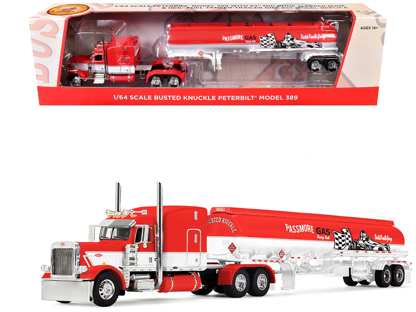 Peterbilt 389 with 63" Mid-Roof Sleeper and Heil Fuel Tank Trailer "Busted Knuckle Garage" Red and White 1/64 Diecast Model by DCP/First Gear  free shipping USA