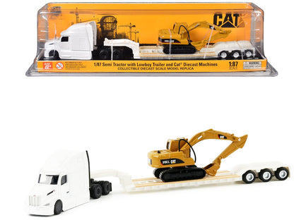 Peterbilt 579 Tractor White with Lowboy Trailer and CAT 315C Excavator Yellow 1/87 (HO) Diecast Model by Diecast Masters  free shipping USA