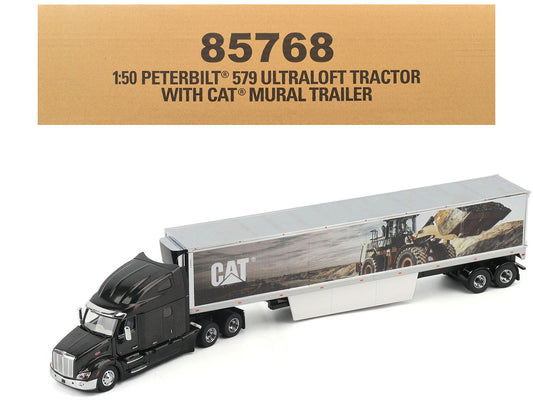Peterbilt 579 UltraLoft Truck Tractor Black Metallic with "CAT Caterpillar" Mural Trailer "Transport Series" 1/50 Diecast Model by Diecast Masters  free shipping USA