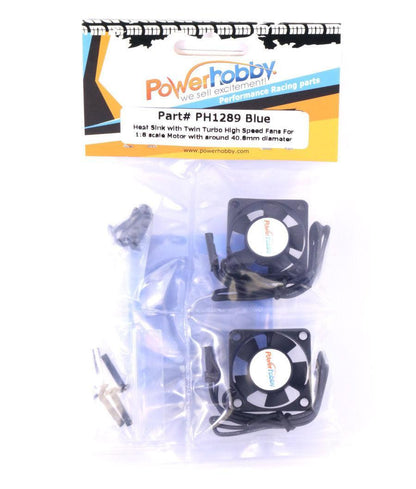 Powerhobby BLUE 1/8 Aluminum Motor Heat Sink W/ Dual Cooling Fans