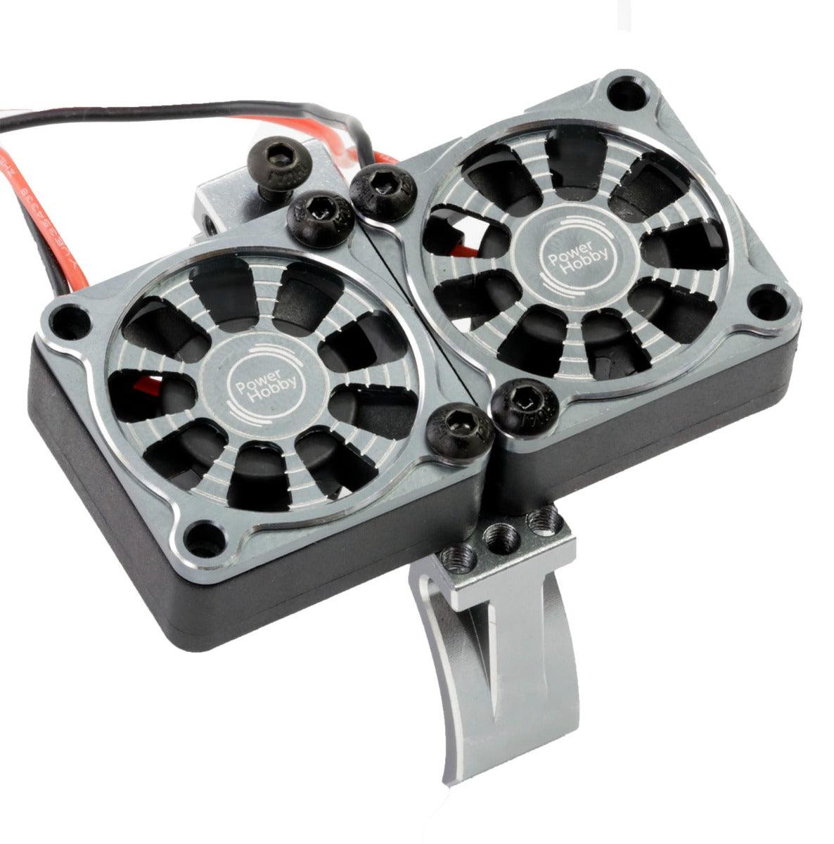 Powerhobby 1/10 Aluminum Heatsink Mount 30mm Twin Turbo Cooling Fans 28K Gunmetal