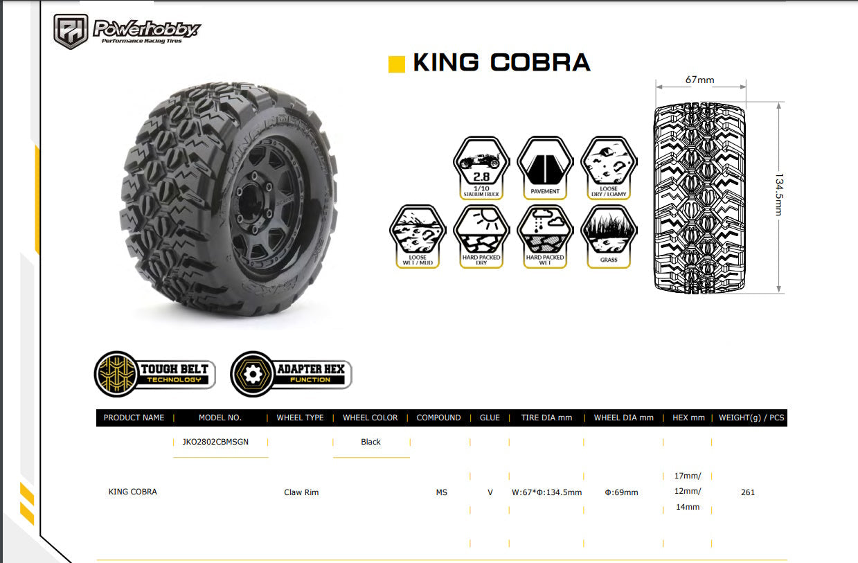 Powerhobby 1/10 2.8 MT King Cobra Belted Tires (2) with Removable Hex Wheels