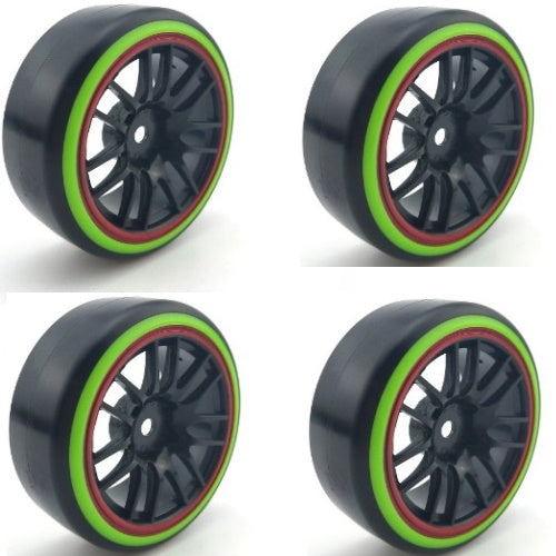 Powerhobby 1/10 Drift Car Slick Mounted Tires / Wheels (4) Green / Silver PY204