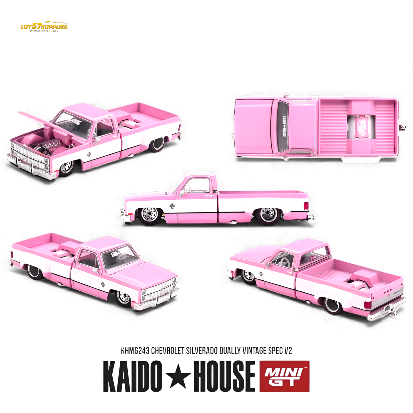 (Pre-Order) Mini GT x Kaido House Chevrolet Silverado Dually Vintage Spec V2 Pink 1:64
