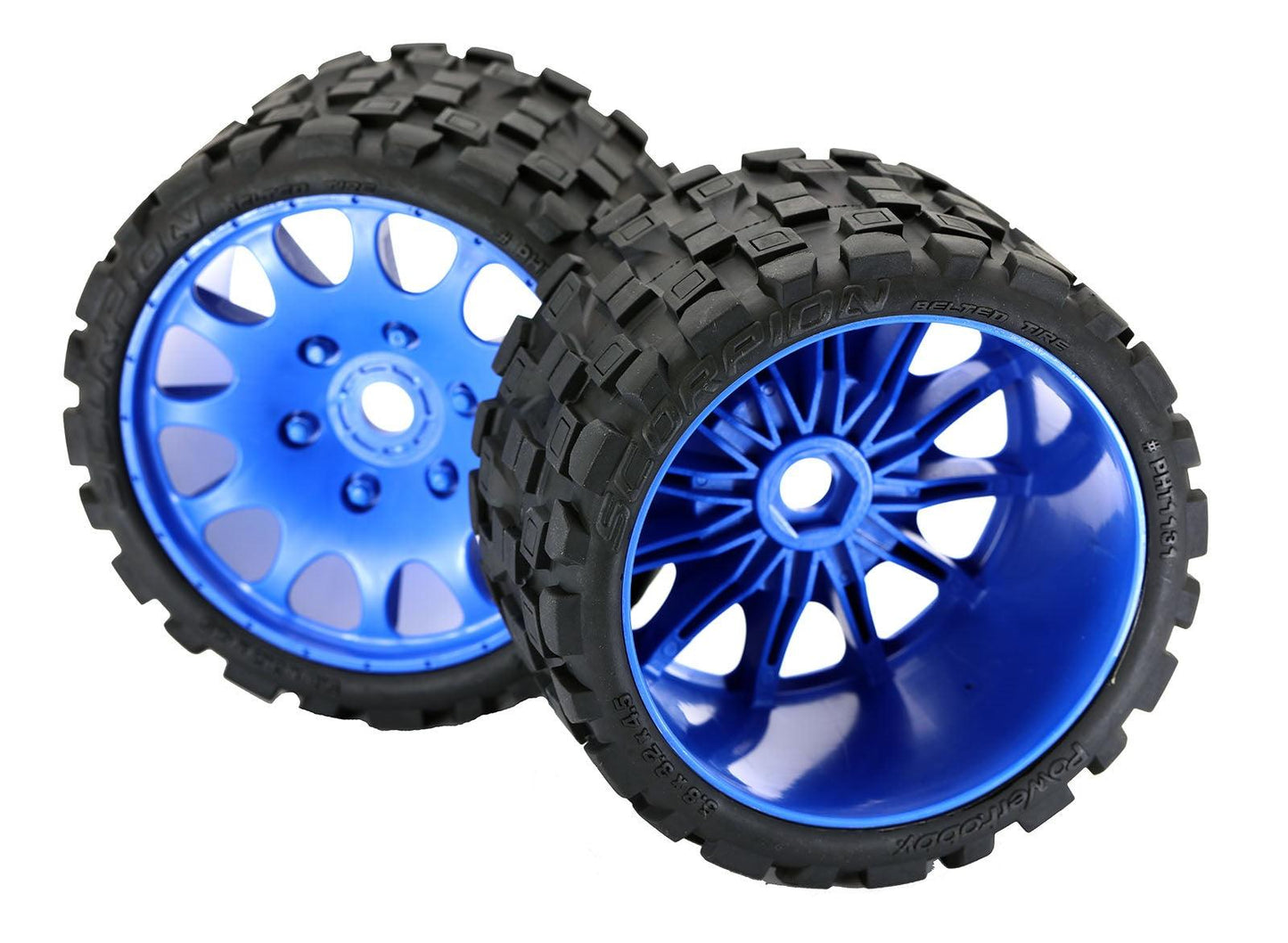 Powerhobby Scorpion Belted Monster Truck Tires / Wheels w 17mm Hex (2) BLUE