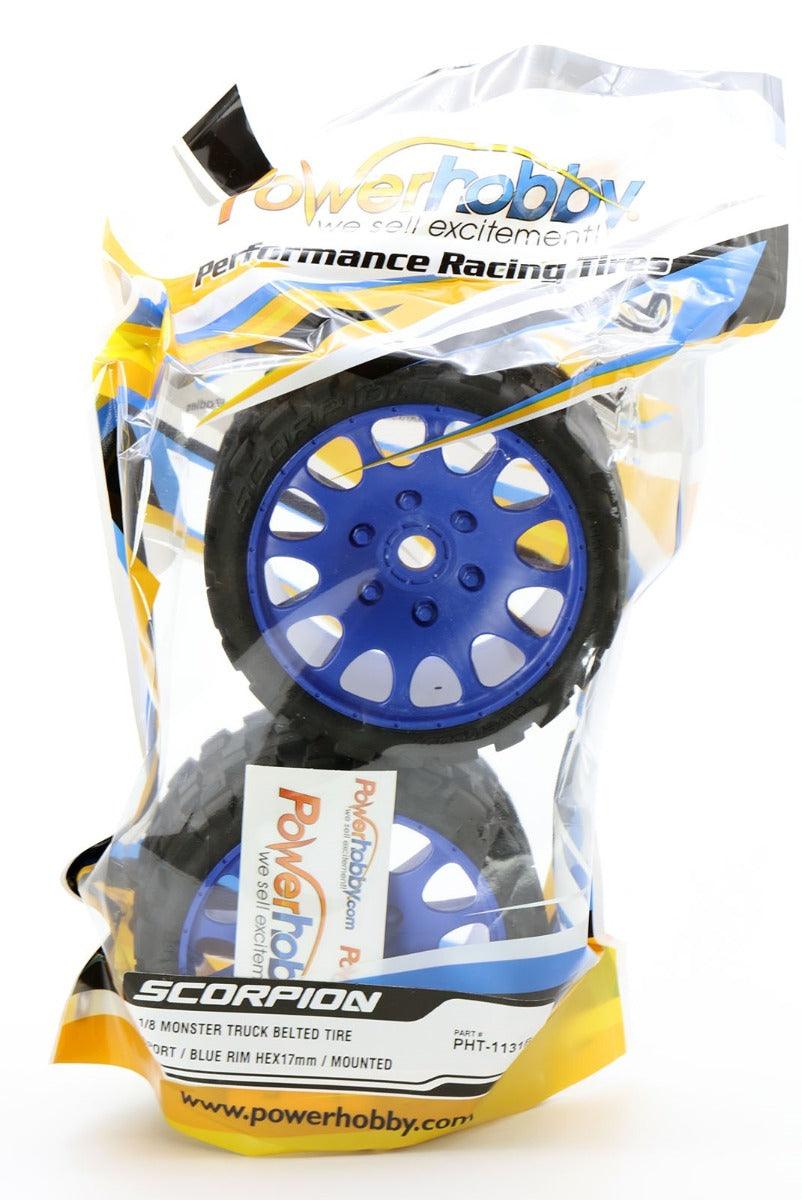 Powerhobby Scorpion Belted Monster Truck Tires / Wheels w 17mm Hex (2) BLUE